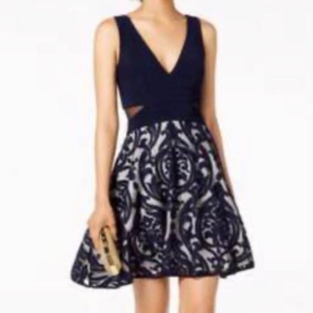XSCAPE navy and cream cut out fit and flare dress